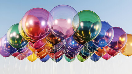 Wall Mural - Colorful round air balloons in shiny metallic shades floating against a clear sky. A bunch of crystal metalic balloons floating in the air, creating a celebratory mood.