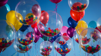 colorful round air balloons in shiny metallic shades floating against a clear sky. a bunch of crysta