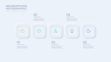 Wall Mural - white neumorphism vector infographic template with 5 steps or options with thin icons