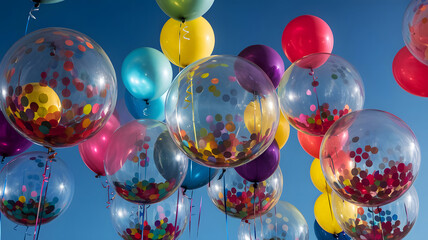 Wall Mural - Colorful round air balloons in shiny metallic shades floating against a clear sky. A bunch of crystal metalic balloons floating in the air, creating a celebratory mood.
