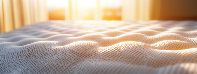 Poster - close up view of textured mattress surface illuminated by sunlight, showcasing its unique design and comfort. soft fabric creates cozy atmosphere in room