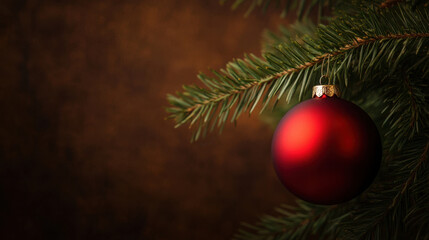 Wall Mural - red Christmas ornament hanging on pine tree branch, creating festive atmosphere. warm background enhances holiday spirit, perfect for seasonal decorations