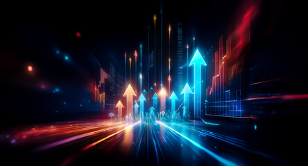 Aufkleber - Glowing arrows ascend in a dark abstract space, illuminated by vibrant blue and orange light streaks, symbolizing upward movement and progress.