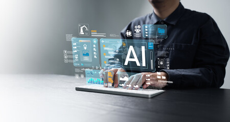 ai content creation tools: a man uses a computer with an ai assistant for graphic design, translatio