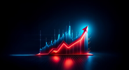 Poster - A luminous red arrow aggressively ascends on a blue bar graph, indicating a significant upward trend against a dark background. The neon effect highlights growth and positive momentum.