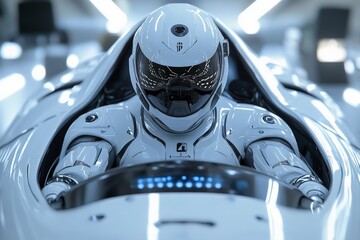 Fototapete - Innovative humanoid robot pilot preparing for a flight simulation in a high-tech laboratory environment