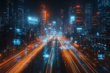 Poster - Vibrant urban skyline illuminated by neon lights with bustling traffic at night