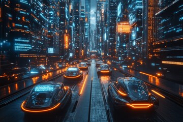 Poster - Futuristic city at night with illuminated streets and autonomous vehicles moving through a vibrant urban landscape