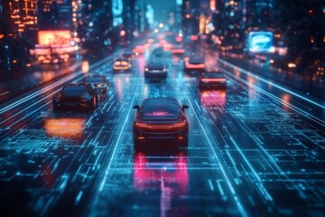 Aufkleber - Urban futuristic traffic scene with illuminated pathways and modern cars at night