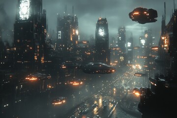 Poster - Futuristic cityscape at night featuring hovering vehicles and glowing skyscrapers