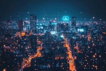 Poster - Urban skyline illuminated at night showcasing futuristic cityscape with digital elements and glowing lights