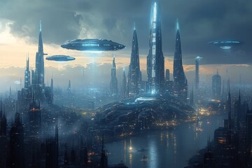 Poster - Futuristic cityscape with hovering spacecraft and towering skyscrapers at dusk