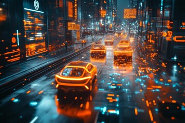 Poster - Neon-lit cityscape with glowing cars navigating a futuristic urban environment at night