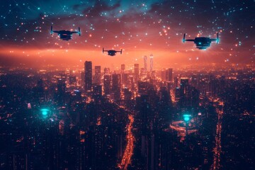 Poster - Drones flying over a futuristic city skyline at twilight with illuminated skyscrapers and a network of lights