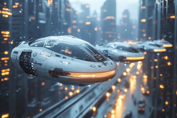 Poster - Futuristic flying vehicles navigate urban landscape during a rainy evening in a vibrant city