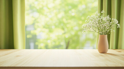 Wall Mural - light wood table top with vase of flowers against blurred green background, creating serene and fresh atmosphere