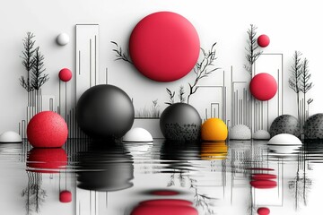 Canvas Print - Abstract spheres reflect in tranquil water, minimalist art.