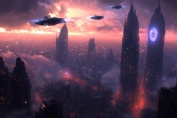 Poster - Futuristic city skyline with flying vehicles at dusk under dramatic clouds