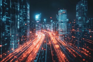 Poster - Vibrant cityscape with neon lights illuminating a busy highway at night in a futuristic urban environment