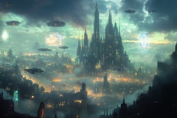 Poster - Futuristic cityscape with towering spires, hovering spacecraft, and glowing lights in an atmospheric twilight setting