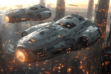 Aufkleber - Futuristic spacecraft navigate through a sprawling cyberpunk city during a vibrant sunset in an otherworldly atmosphere