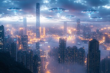 Poster - Futuristic city skyline illuminated by mysterious flying saucers at dusk above the urban landscape