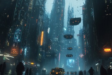 Fototapete - Futuristic cityscape at night with flying vehicles and glowing neon lights illuminating a bustling urban environment