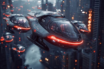 Poster - Futuristic hovercrafts navigate a bustling cyberpunk city at dusk
