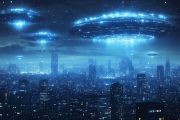 Poster - Futuristic cityscape with hovering spacecraft illuminating the skyline at night in a vibrant urban setting