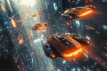 Poster - Futuristic hovercrafts navigate through a cyberpunk cityscape during twilight hours