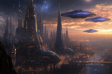 Poster - Futuristic city skyline under an evening sky with unidentified flying objects hovering above