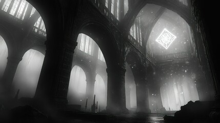 Wall Mural - Mysterious glowing cathedral, ethereal fog, ancient stone.