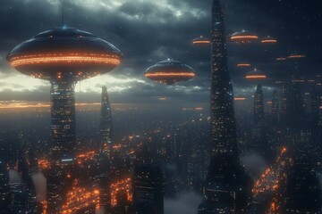 Poster - Futuristic city skyline at dusk with floating vehicles and towering structures illuminated in orange lights