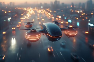 Poster - Innovative drone flying over a bustling urban city during twilight hours, showcasing modern transportation technology