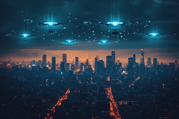 Poster - Futuristic city skyline under hovering drones at dusk with bright lights and a mysterious atmosphere