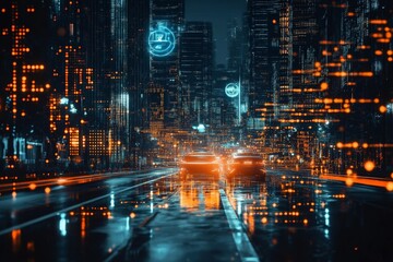 Poster - Futuristic cityscape at night with glowing digital elements and sleek cars on a rainy road