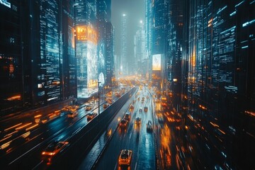 Poster - Cityscape at night with glowing skyscrapers and busy traffic filled with illuminated billboards
