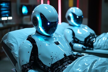 Aufkleber - Robots in a futuristic medical facility preparing for maintenance and upgrades during the night