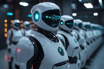 Fototapete - Robots lined up in a futuristic laboratory showcasing advanced technology and innovation in the field of robotics