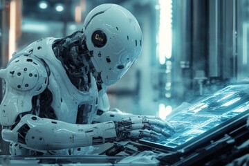 Poster - Advanced robotic system interacting with futuristic control panel in high-tech laboratory environment