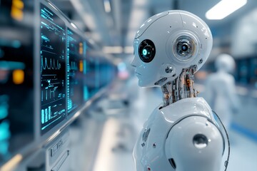 Leinwandbilder - Humanoid robot interacts with advanced technology in a modern research facility
