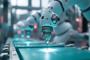 Poster - Advanced robotic arms performing precision tasks in a high-tech manufacturing facility during the day