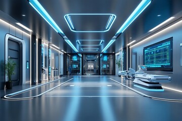 Aufkleber - Modern high-tech laboratory featuring blue lighting and advanced equipment in a futuristic design
