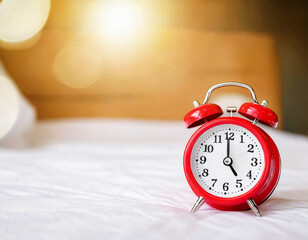 Generated Image, Red alarm clock on white bed with morning sunlight is a concept image that uses a bright new morning and has space at the top and left for an encouraging message.