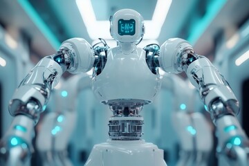 Aufkleber - Robotic figures in futuristic setting demonstrating advanced technology and design in a modern environment