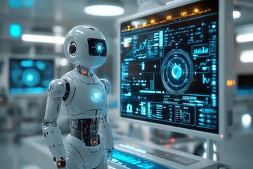 Leinwandbilder - Advanced robot interacts with high-tech displays in a futuristic laboratory environment