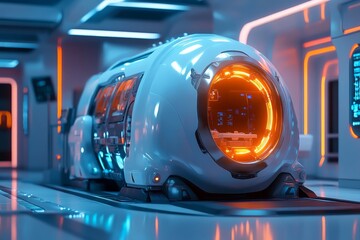 Aufkleber - Futuristic transport module glowing in bright orange lights within a sleek technological environment