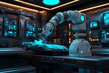 Fototapete - Advanced robotic surgical assistant performing a delicate procedure in a futuristic operating room