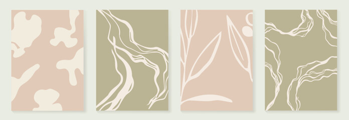 Wall Mural - set of abstract foliage poster vector. leaves, flower, organic shapes, earth tone colors, leaf branc