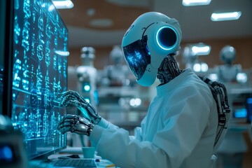 Leinwandbilder - Robot working in advanced laboratory analyzing data and conducting research with digital interfaces